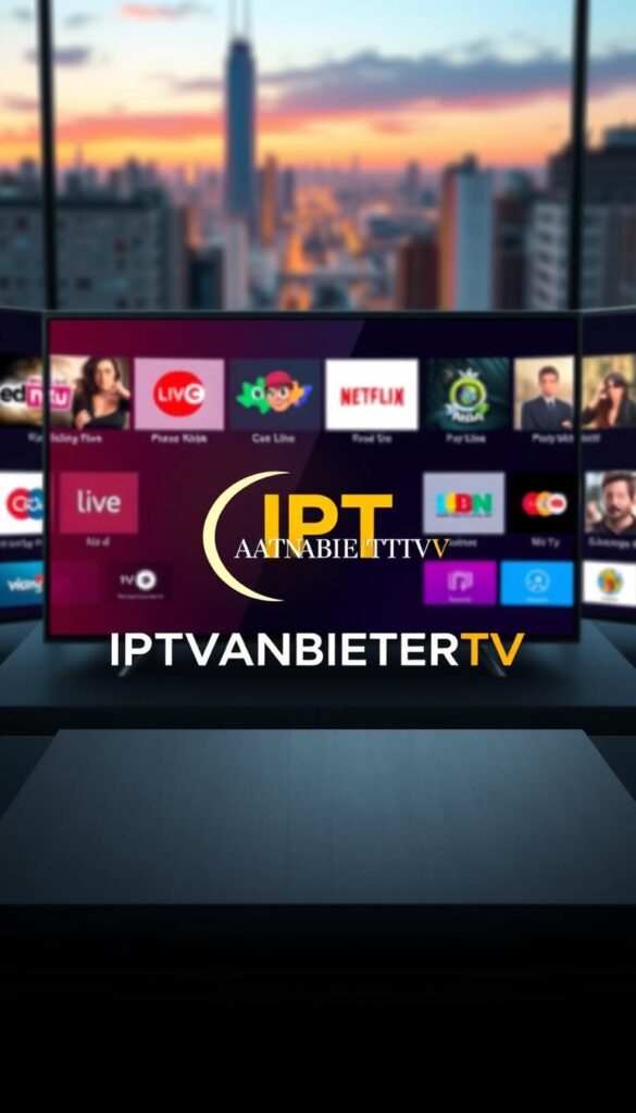 A sophisticated and visually captivating illustration of "IPTV Anbieter Premium Sender" featuring the brand "IPTVANBIETERTV". In the foreground, a sleek, minimalist display showcases a selection of premium entertainment channels, their logos and program information displayed with crisp clarity. The middle ground features a stylized IPTVANBIETERTV logo, rendered in a bold, modern typeface against a gradient background that evokes the rich, vibrant color palette of high-quality digital media. In the background, a softly blurred cityscape sets the scene, hinting at the urban, cosmopolitan audience for this premium IPTV service. The overall composition is characterized by a sense of elegance, exclusivity and technological sophistication, capturing the essence of the "IPTV Anbieter mit Premium Sendern deutschaim deutschen Markt" concept.