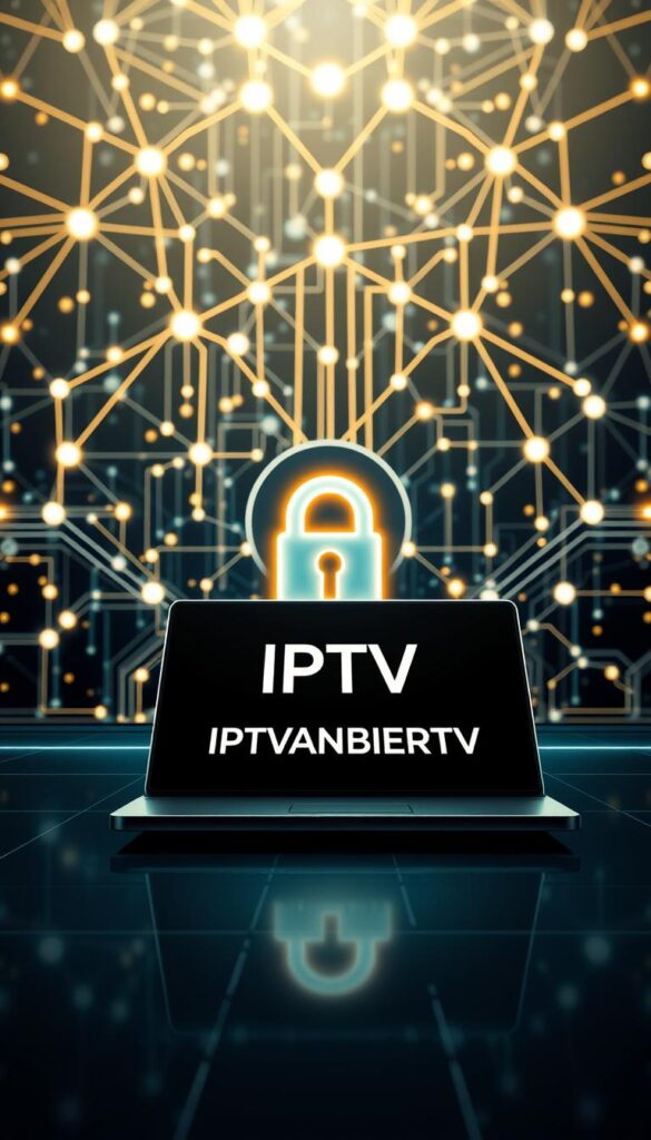A sophisticated digital illustration showcasing the concept of "IPTV Sicherheit". In the foreground, a sleek, futuristic-looking laptop or tablet device prominently displays the brand name "IPTVANBIETERTV", representing the secure IPTV streaming service. The middle ground features a lock icon, symbolizing the importance of data protection and privacy in the IPTV ecosystem. In the background, a complex network of interconnected nodes and data streams creates a visually striking and technologically advanced atmosphere, highlighting the secure and reliable nature of the IPTV system. The overall composition conveys a sense of digital sophistication, data security, and a premium IPTV streaming experience.