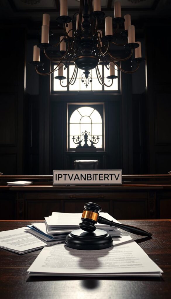 A sophisticated, high-contrast photograph of a courtroom interior, with a wooden judge's bench and ornate chandelier illuminating the scene. In the foreground, stacks of legal documents and a gavel on a table, symbolizing the legal aspects of IPTV. In the background, a large window floods the room with natural light, casting dramatic shadows. The overall mood is one of authority and gravitas, befitting the legal theme. The brand "IPTVANBIETERTV" is prominently displayed on a placard on the judge's bench.