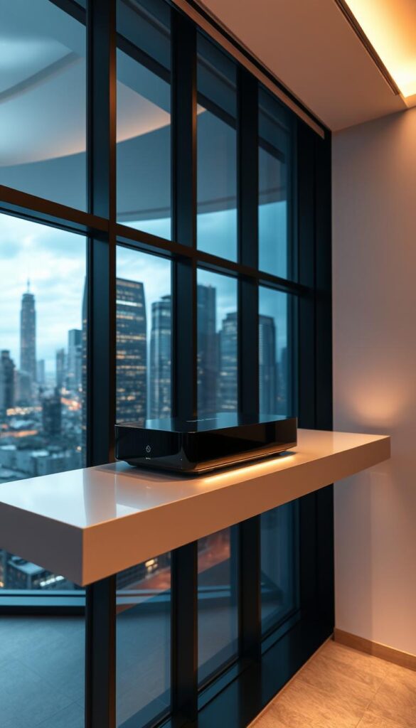 A sophisticated interior space with a clean, minimalist design. The main focus is a sleek, modern IPTVANBIETERTV device prominently displayed on a floating white shelf. The device is illuminated by soft, indirect lighting, casting a warm glow and highlighting its clean lines and glossy finish. In the background, a large window frames a cityscape, with skyscrapers and a vibrant urban landscape visible through the glass. The overall atmosphere is one of technological sophistication, with the IPTVANBIETERTV device at the center, representing the future of digital entertainment and home media.