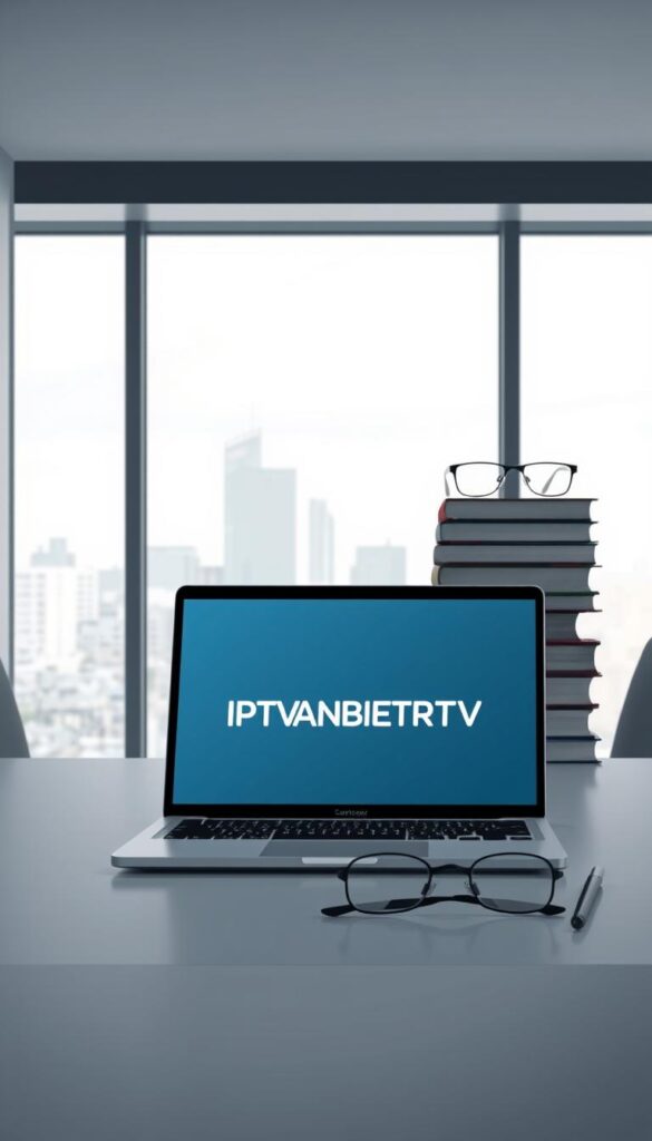 A sophisticated legal analysis of the IPTV landscape in Germany, captured in a minimalist digital illustration. A sleek, modern office setting with clean lines and a neutral color palette. In the foreground, a laptop screen displays the IPTVANBIETERTV brand logo, hinting at the technological aspects of the subject. In the middle ground, a stack of law books and a pair of reading glasses, representing the legal research and expertise required. The background features a large window overlooking a cityscape, suggesting the broader societal context. Subtle lighting creates depth and a sense of professionalism. The overall tone is one of thoughtful consideration of the complex legal situation surrounding IPTV in Germany.