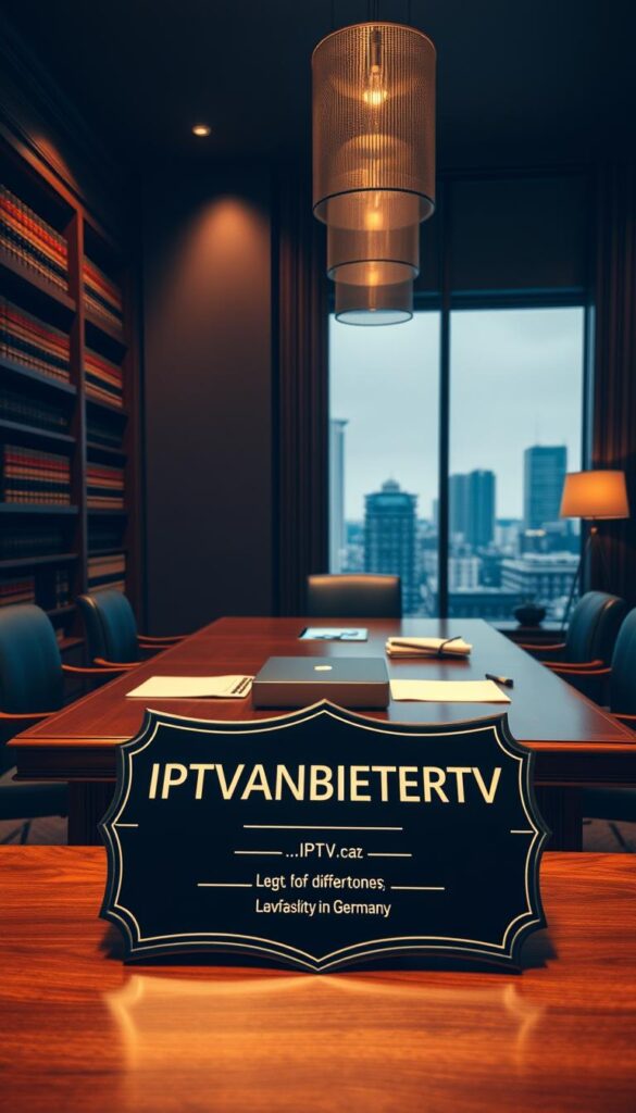 A sophisticated legal office interior with a large wooden desk, shelves filled with law books, and a large window overlooking a cityscape. A laptop and documents are placed neatly on the desk, conveying a sense of professionalism. The lighting is warm and slightly moody, creating a contemplative atmosphere. In the foreground, an IPTVANBIETERTV logo is prominently displayed on a plaque or certificate, emphasizing the legal aspects of IPTV services in Germany.