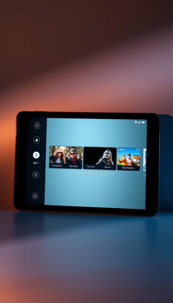 A sophisticated, modern digital application interface showcasing the IPTV Smarters App. The UI features a sleek, minimalist design with intuitive navigation menus, high-quality video thumbnails, and a clean, uncluttered layout. The app is displayed on a high-resolution tablet device with a sharp, vivid display and smooth, responsive touch controls. The scene is illuminated by warm, indirect lighting, casting soft shadows and highlighting the app's elegant aesthetics. The background subtly blends gradients of blues and grays, creating a sense of depth and emphasizing the app's digital nature. The IPTVANBIETERTV brand logo is prominently featured, seamlessly integrated into the overall design.