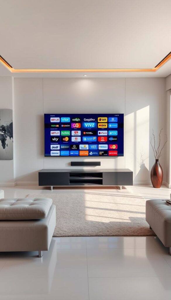 A spacious and modern living room with a large television screen showcasing an extensive range of international channels from the IPTVANBIETERTV service. The room is filled with natural light, accentuating the sleek and minimalist design. The television is mounted on a wall-mounted unit, surrounded by a minimalist entertainment system. The walls are adorned with abstract artwork, creating a sophisticated and visually appealing atmosphere. The room exudes a sense of comfort and relaxation, inviting the viewer to experience the diverse global content offered by IPTVANBIETERTV.