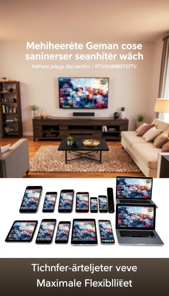 A spacious living room with a comfortable couch and a large flat-screen TV. In the foreground, multiple smartphones, tablets, and laptops are displayed, showcasing the ability to access IPTVANBIETERTV on various devices simultaneously. The room is filled with warm, natural lighting, creating a cozy and inviting atmosphere. The devices are arranged in a way that suggests seamless integration and flexibility, reflecting the "Mehrere Geräte gleichzeitig nutzen - Maximale Flexibilität" section title. The overall scene conveys the convenience and versatility of IPTVANBIETERTV, allowing users to enjoy their favorite content on multiple devices at the same time.