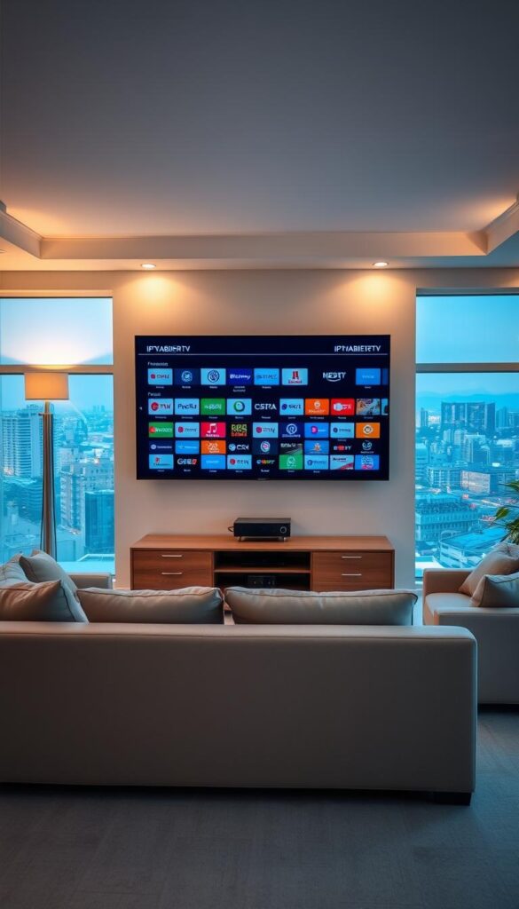A spacious living room with a large flatscreen TV mounted on the wall, displaying a diverse array of international TV channels from the IPTVANBIETERTV service. The room is well-lit, with soft, warm lighting from floor lamps and recessed ceiling fixtures, creating a cozy and inviting atmosphere. In the foreground, a modern, minimalist sofa and armchair setup facing the TV, allowing viewers to comfortably enjoy the extensive selection of programming. The middle ground features a stylish, wood-paneled media cabinet housing the IPTV receiver and other entertainment components. The background showcases a large window overlooking a vibrant city skyline, suggesting the global reach and versatility of the IPTVANBIETERTV service.