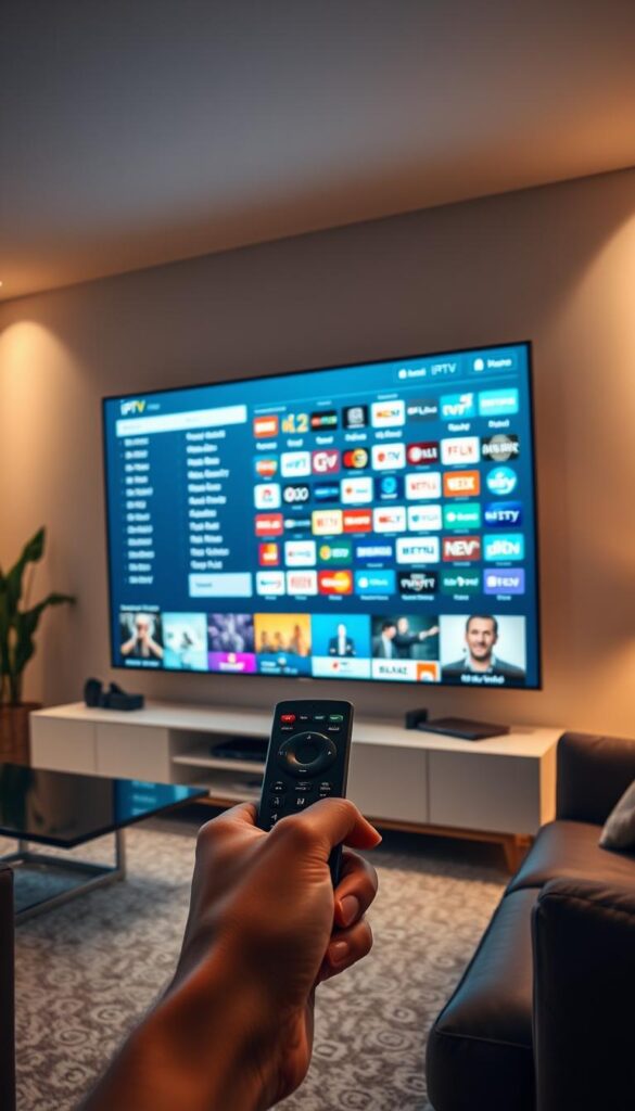 A spacious, modern living room with a large TV screen displaying an on-screen menu for an IPTV service. The menu showcases a wide selection of TV channels, categorized and organized for easy browsing. The room is bathed in warm, soft lighting, creating a cozy and inviting atmosphere. The TV is mounted on a sleek, minimalist entertainment unit, complemented by modern decor and accents. In the foreground, a hand holding a remote control, ready to navigate the comprehensive IPTVANBIETERTV channel selection. The overall scene conveys the ease and convenience of accessing a vast array of entertainment options through the IPTV service.