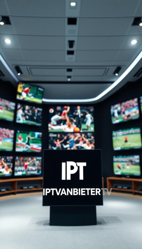 A sports broadcasting studio with a large array of television screens showcasing various sports channels. The foreground features the IPTVANBIETERTV logo prominently displayed, conveying the comprehensive sports content available. The middle ground depicts multiple sports being played, including soccer, basketball, and tennis, reflecting the diverse programming. The background has a sleek, modern aesthetic with clean lines and minimalist design elements, creating a professional and technologically advanced atmosphere. Soft, directional lighting highlights the screens and branding, while a subtle depth of field blur adds depth and focus to the composition.
