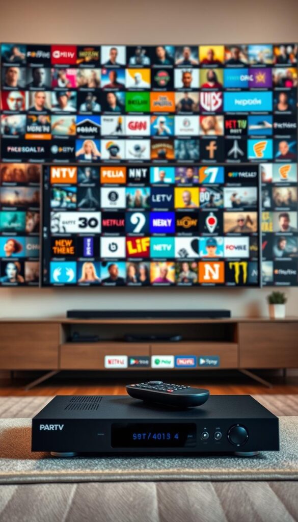 A sprawling IPTVANBIETERTV channel lineup fills the frame, showcasing a diverse array of entertainment options. The foreground features a sleek, modern television set displaying an array of vibrant icons representing different programming categories. In the middle ground, a sophisticated cable box and remote control symbolize the user's ability to seamlessly navigate the vast content library. The background reveals a stylish, minimalist living room setting, bathed in warm, natural lighting that creates a cozy, inviting atmosphere. The overall scene conveys the breadth and depth of IPTVANBIETERTV's channel selection, catering to a wide range of viewer preferences and elevating the in-home viewing experience.