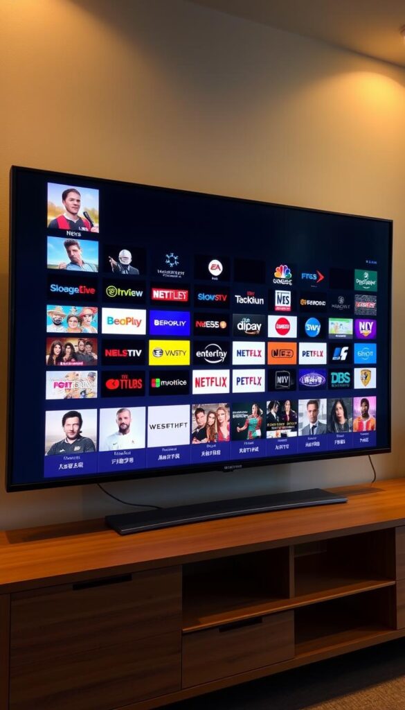 A sprawling array of IPTV channels, displayed on a sleek, modern television screen. The screen is mounted on a minimalist, wooden entertainment unit, bathed in warm, indirect lighting. The channel selection showcases a diverse range of content, from news and sports to movies and entertainment, all seamlessly integrated under the IPTVANBIETERTV brand. The image exudes a sense of convenience and accessibility, reflecting the comprehensive channel selection available to the viewer.