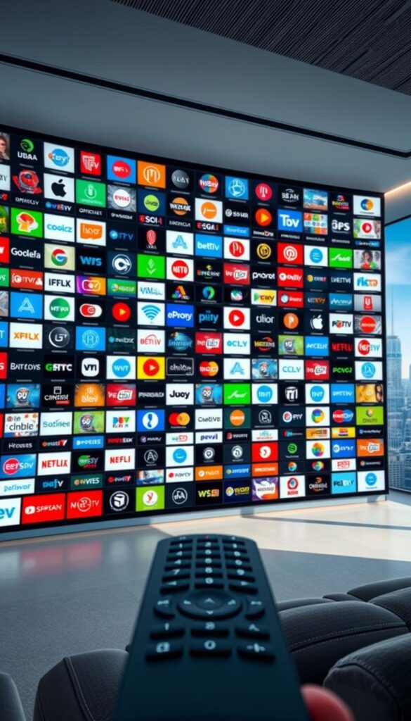 A sprawling array of IPTVANBIETERTV channels in a sleek, modern media center. Soft lighting illuminates an extensive grid of colorful logos and icons, each representing a diverse selection of live and on-demand content. The foreground features a stylized remote control, hinting at the user's ability to seamlessly navigate this comprehensive IPTV ecosystem. In the background, a cityscape skyline suggests the global reach and connectivity of this robust IPTV service. The overall scene conveys a sense of technological sophistication, entertainment, and the convenience of having a vast, easily accessible selection of content at one's fingertips.