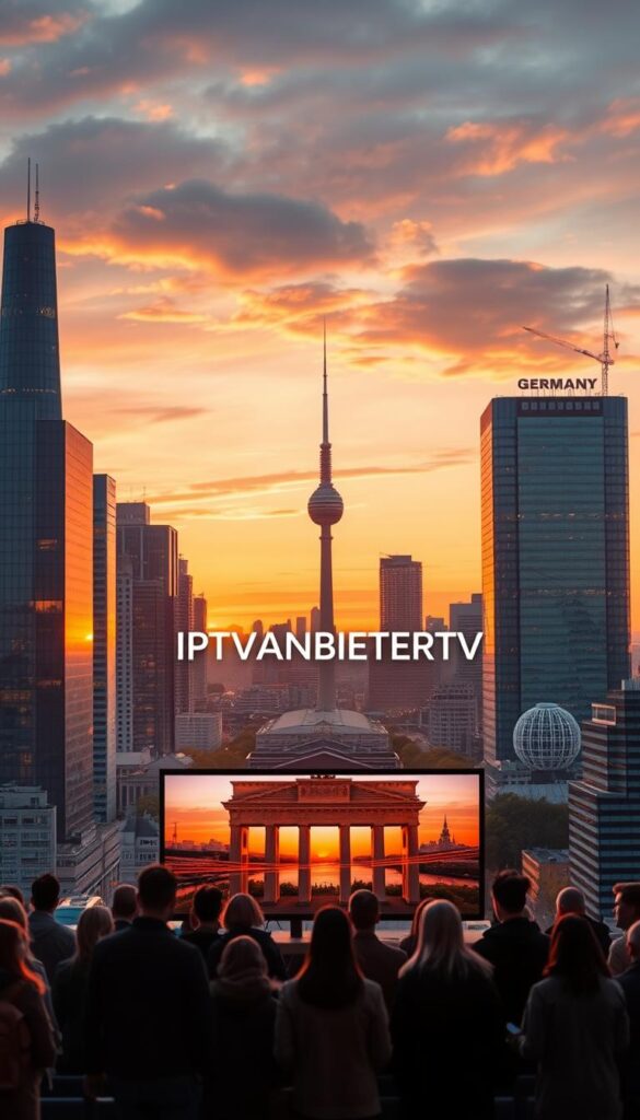 A sprawling cityscape, the skyline of Deutschland is alive with the vibrant energy of IPTV. Sleek, modern high-rises stand tall, their windows reflecting the warm glow of the setting sun. In the foreground, a group of people gather around a large, flat-screen television, engrossed in the vivid, crystal-clear picture. The scene is bathed in a soft, ambient lighting, creating a cozy and inviting atmosphere. In the distance, the silhouettes of iconic landmarks, such as the Brandenburg Gate, can be seen. The overall composition conveys the seamless integration of IPTV technology into the daily lives of the German people. Prominently displayed is the IPTVANBIETERTV brand, its sleek and minimalist design complementing the modern aesthetic of the scene.