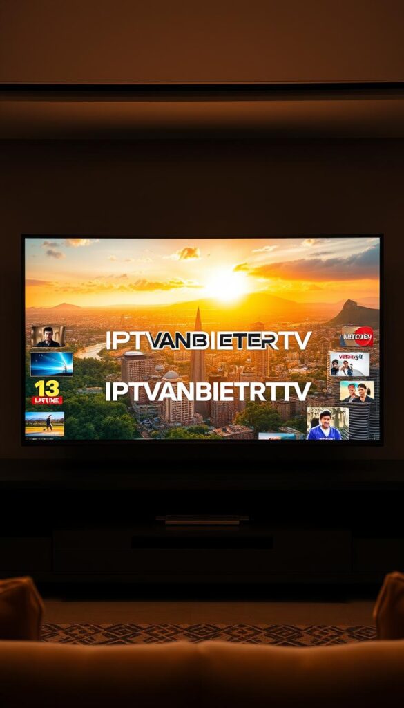 A sprawling, high-definition television network, with a diverse array of 350 channels catering to every taste. A sleek, modern interface displays the IPTVANBIETERTV brand prominently, set against a backdrop of lush, vibrant landscapes, bustling cityscapes, and captivating entertainment. The scene is bathed in warm, golden lighting, creating a sense of comfort and inviting the viewer to immerse themselves in the boundless content. Streamlined graphics and clean, minimalist design elements convey the sophistication and reliability of the IPTV service, offering a lifetime of uninterrupted access to a world of entertainment.