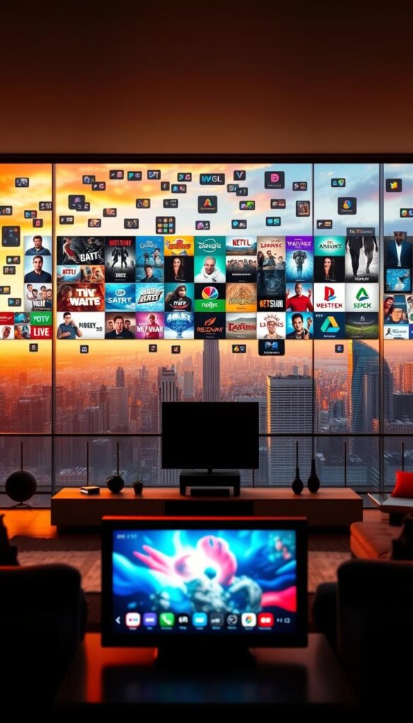 A sprawling landscape of digital entertainment, a vibrant array of IPTV-Kanäle, all within the reach of IPTVANBIETERTV. In the foreground, a sleek television screen showcases an eclectic selection of channels, each offering a unique window into a world of entertainment. The middle ground reveals a modern living room, bathed in warm, inviting lighting, where viewers can immerse themselves in the boundless content. In the background, a city skyline stretches out, hinting at the global reach and connectivity of this IPTV service. The scene exudes a sense of effortless access, seamless integration, and the promise of a rich, tailored viewing experience.