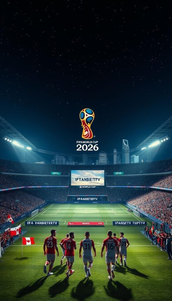 A sprawling soccer stadium under a starry night sky, the FIFA World Cup 2026 logo prominently displayed on the pitch. The stands are filled with cheering fans waving national flags, the air electric with anticipation. In the foreground, a group of players in their national team uniforms stride onto the field, their muscles rippling. Dramatic lighting casts long shadows, creating a sense of dynamism and power. In the background, the city skyline glimmers, with the words "IPTVANBIETERTV" visible on a large digital billboard. The scene conveys the grandeur, global scale, and passionate spirit of the 2026 FIFA World Cup.