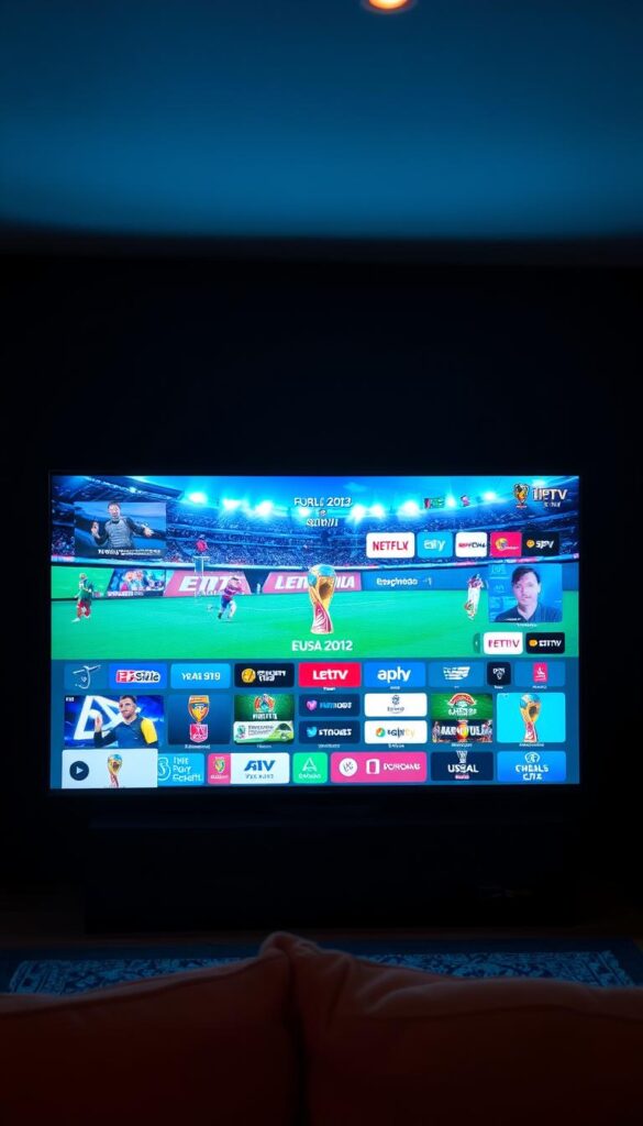 A sprawling sports package from IPTVANBIETERTV, showcasing a vibrant array of live football matches, highlights, and expert analysis. Set against a backdrop of a dimly lit living room, the image features a sleek smart TV screen displaying the IPTV interface, with a range of sports channel logos and icons scattered across the screen. The room is illuminated by a warm, ambient light, creating a cozy and immersive atmosphere perfect for the ultimate World Cup viewing experience. The image conveys a sense of anticipation and excitement, hinting at the comprehensive coverage and premium quality of the IPTV sports package.