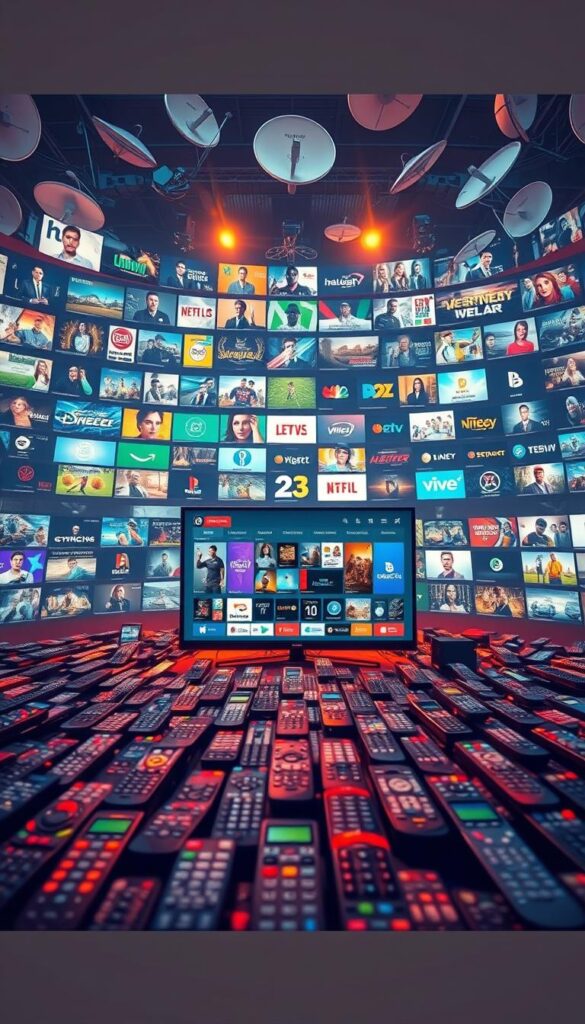 A sprawling, vibrant landscape of IPTVANBIETERTV channels, each offering a unique and captivating viewing experience. Bright, warm lighting illuminates the array of content, from news and sports to movies and entertainment. In the foreground, a sleek, modern television set stands as the centerpiece, its screen displaying a diverse selection of programs. The middle ground is filled with an abundance of remote controls, symbolizing the ease of access and customization. In the background, a tapestry of satellite dishes and network infrastructure hints at the vast technological infrastructure that powers this comprehensive IPTV offering. The scene conveys a sense of unlimited possibilities, catering to every viewer's preferences and desires.