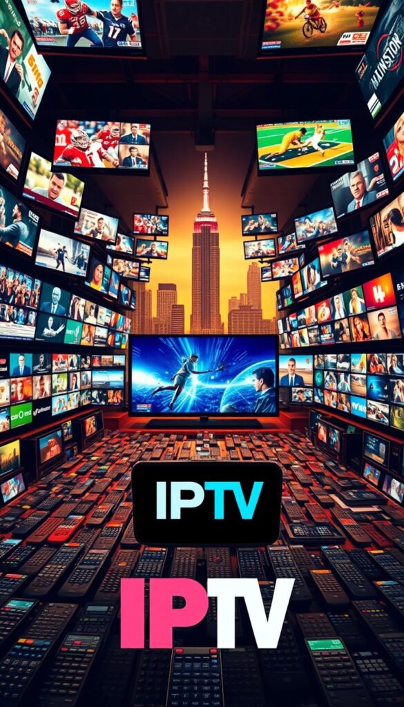 A sprawling, vibrant scene depicting the expansive world of IPTV. In the foreground, the IPTVANBIETERTV logo stands out prominently, its sleek design and bold colors commanding attention. Behind it, a dazzling array of television screens showcase a diverse selection of content, from live news broadcasts to thrilling sporting events and captivating movies. The middle ground is filled with a multitude of remote controls, each representing the endless customization and flexibility offered by IPTVANBIETERTV's comprehensive service. In the distance, a towering cityscape serves as a backdrop, symbolizing the global reach and cutting-edge technology that powers this premier IPTV provider. The lighting is warm and inviting, creating a sense of excitement and anticipation for the wealth of entertainment options available. Captured with a wide-angle lens, the composition emphasizes the sheer scale and breadth of IPTVANBIETERTV's impressive channel lineup.