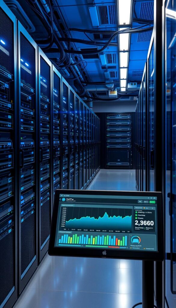 A stable, reliable IPTVANBIETERTV server set in a modern data center. Rows of gleaming server racks in a climate-controlled environment, bathed in cool blue lighting. Sleek network switches and routers connect the servers, ensuring low latency and high bandwidth for smooth IPTV streaming. In the foreground, a centralized management console displays real-time performance metrics, showcasing the server's robust infrastructure and 24/7 uptime. The overall scene conveys a sense of technological sophistication and dependability, perfectly suited to power the IPTV service described in the article.