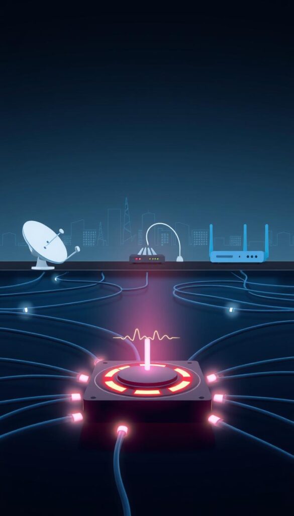 A stable, seamless IPTV connection from IPTVANBIETERTV, captured in a sleek, modern illustration. The scene depicts a network of interconnected cables and devices, glowing with a soft, ambient light. In the foreground, a central hub emits a gentle pulse, symbolizing the reliable data transfer powering the IPTV service. The middle ground features stylized satellite dishes and routers, arranged in a harmonious, symmetrical layout. The background showcases a minimalist cityscape, hinting at the wide geographic reach and infrastructure supporting the IPTV network. The overall tone is one of technological sophistication, efficiency, and uninterrupted video streaming.