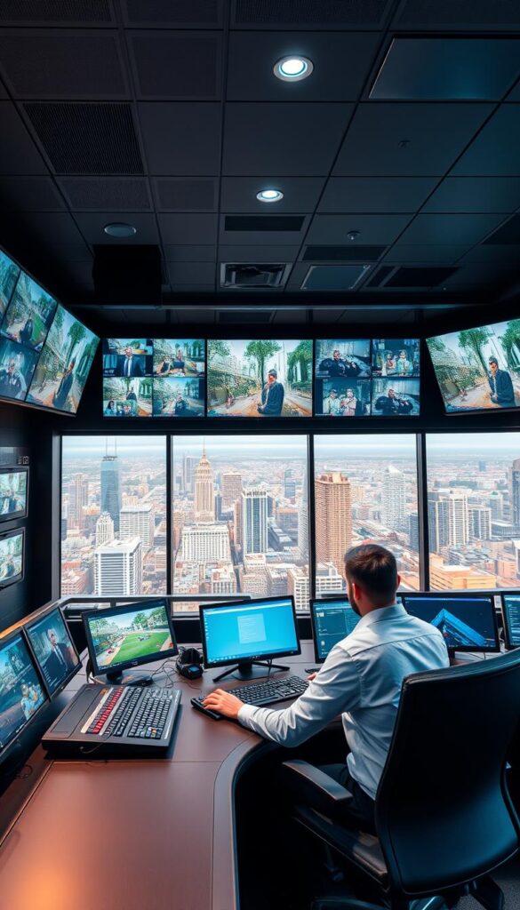 A state-of-the-art IPTVANBIETERTV control room, showcasing a sleek, modern design with banks of high-resolution monitors displaying live video feeds. The room is bathed in a warm, ambient lighting, creating a professional and technologically-advanced atmosphere. In the foreground, a technician sits at a central console, skillfully manipulating the various controls and interfaces to manage the IPTV service. The background features a large, panoramic window overlooking a vibrant cityscape, conveying a sense of the scale and reach of the IPTVANBIETERTV operation. The overall impression is one of a cutting-edge, industry-leading IPTV provider at the forefront of digital media delivery.