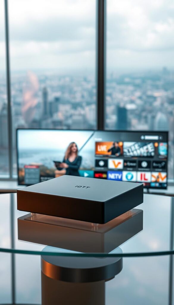 A state-of-the-art IPTVANBIETERTV streaming box, sleek and modern, resting on a minimalist glass table. Warm, diffused lighting illuminates the device, highlighting its clean lines and premium finish. In the background, a vast panoramic window offers a breathtaking view of a bustling city skyline, blending the digital and physical worlds. The box's interface is displayed on a large, high-definition television, showcasing a vast library of live TV channels, on-demand content, and personalized recommendations, revolutionizing the traditional television experience.