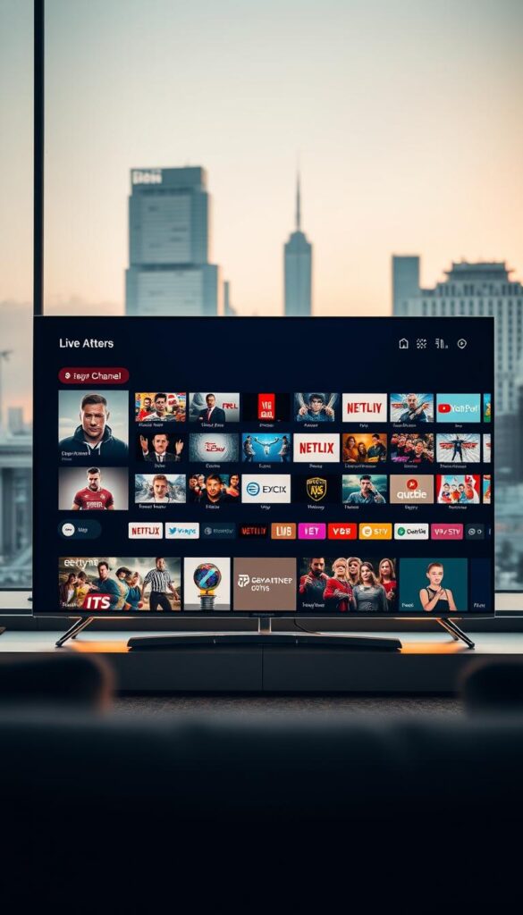 A striking and modern image of the leading IPTVANBIETERTV provider in Germany. In the foreground, a sleek and minimalist smart TV display showcases a diverse range of live channels and on-demand content, bathed in warm, natural lighting. The middle ground features a clean and intuitive user interface, with crisp icons and a seamless navigation experience. In the background, a cityscape of contemporary German architecture frames the scene, conveying a sense of urban sophistication. The overall mood is one of technological prowess, reliability, and a commitment to delivering a premium IPTV service to the German market.