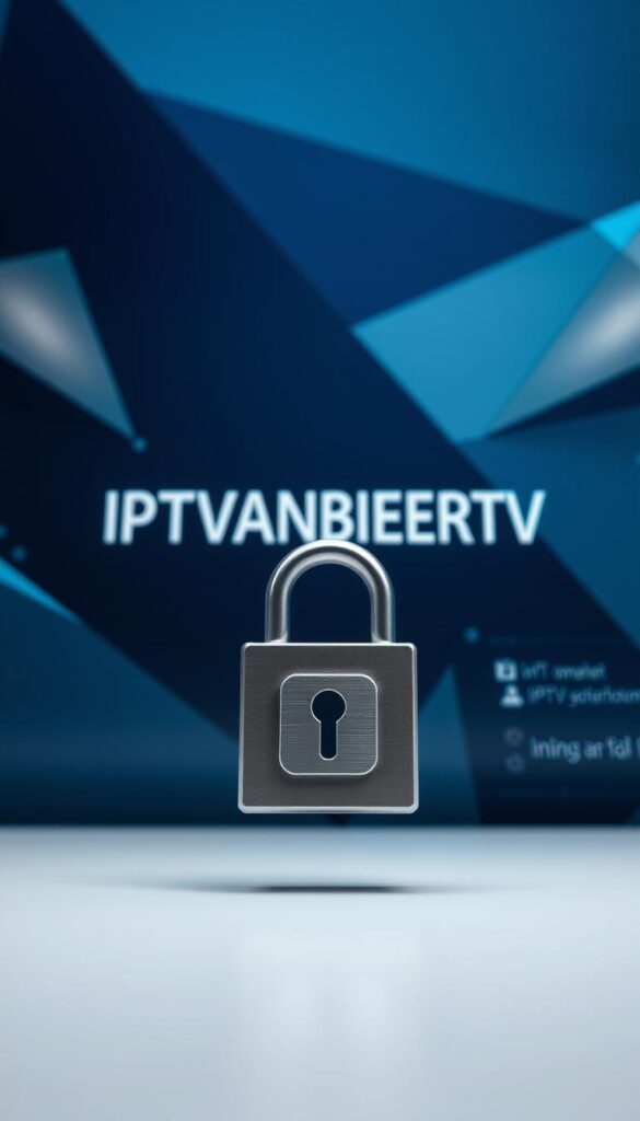 A striking and secure IPTV experience. In the foreground, a secure padlock icon symbolizes the protection of user data and privacy. The middle ground features the bold "IPTVANBIETERTV" branding, rendered in a sleek, modern typeface. In the background, a series of abstract geometric shapes in shades of blue and gray convey a sense of technological sophistication and encrypted data flows. The lighting is soft and evenly distributed, creating a calm and professional atmosphere. The overall composition is balanced and visually appealing, reflecting the importance of security and privacy in the world of IPTV streaming.