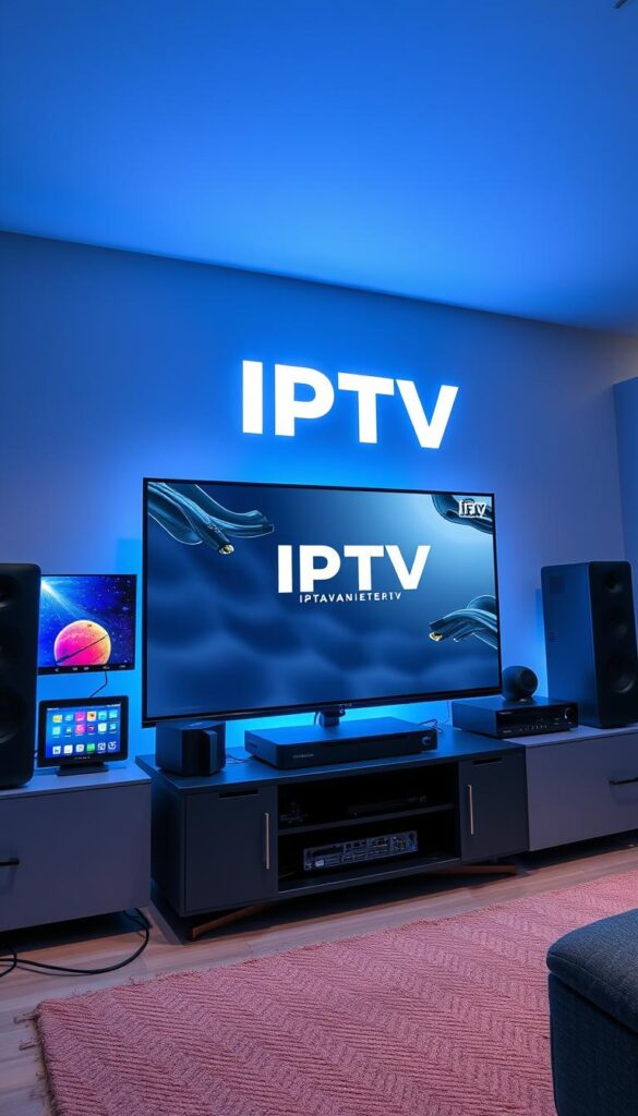 A striking, detailed illustration of "IPTV Technologie" for the article section "Was ist IPTV und wie funktioniert es in Deutschland?". The image should depict a modern, high-tech IPTV setup, showcasing the latest hardware and software components. Highlight the IPTVANBIETERTV brand prominently. Use a wide-angle, slightly elevated camera angle to capture the full scene, with crisp, even lighting illuminating the various elements. Convey a sense of sleek, cutting-edge technology and the seamless integration of IPTV into a contemporary home entertainment setup. The overall mood should be one of innovative, sophisticated, and user-friendly IPTV technology.