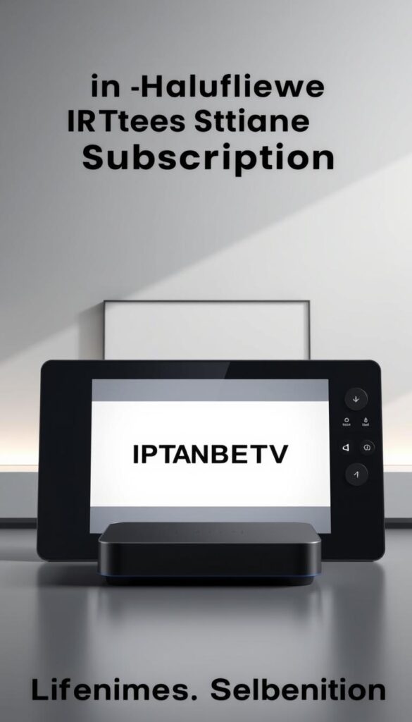 A striking digital illustration depicting an IPTV panel with a lifetime subscription. In the foreground, a sleek, modern IPTV interface with clean lines and intuitive controls, showcasing the IPTVANBIETERTV brand prominently. The middle ground features a 3D-rendered device, such as a streaming box or smart TV, seamlessly integrating the IPTV panel. The background depicts a minimalist, high-tech environment with subtle lighting effects, conveying a sense of longevity and reliability. The overall composition should evoke a premium, enduring IPTV experience that aligns with the article's subject and section title.