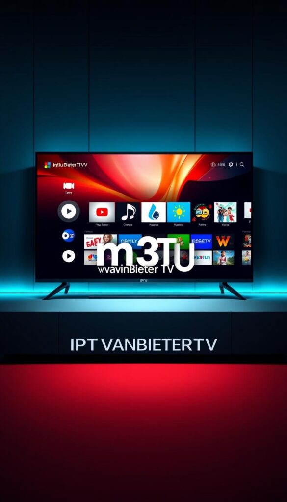 A striking digital illustration depicting the concept of "m3u German IPTV". Set against a sleek, modern backdrop, the image showcases a high-tech smart TV display with a vibrant, colorful user interface. In the foreground, a stylized IPTVANBIETERTV logo takes center stage, conveying the premium quality and cutting-edge technology of this IPTV service. The middle ground features an array of streaming content icons, hinting at the vast selection of channels and entertainment options available. In the background, subtle lighting effects and a sense of depth create a sense of depth and immersion, mirroring the seamless, immersive viewing experience promised by m3u German IPTV. The overall aesthetic is clean, dynamic, and visually captivating, capturing the essence of this revolutionary television technology.