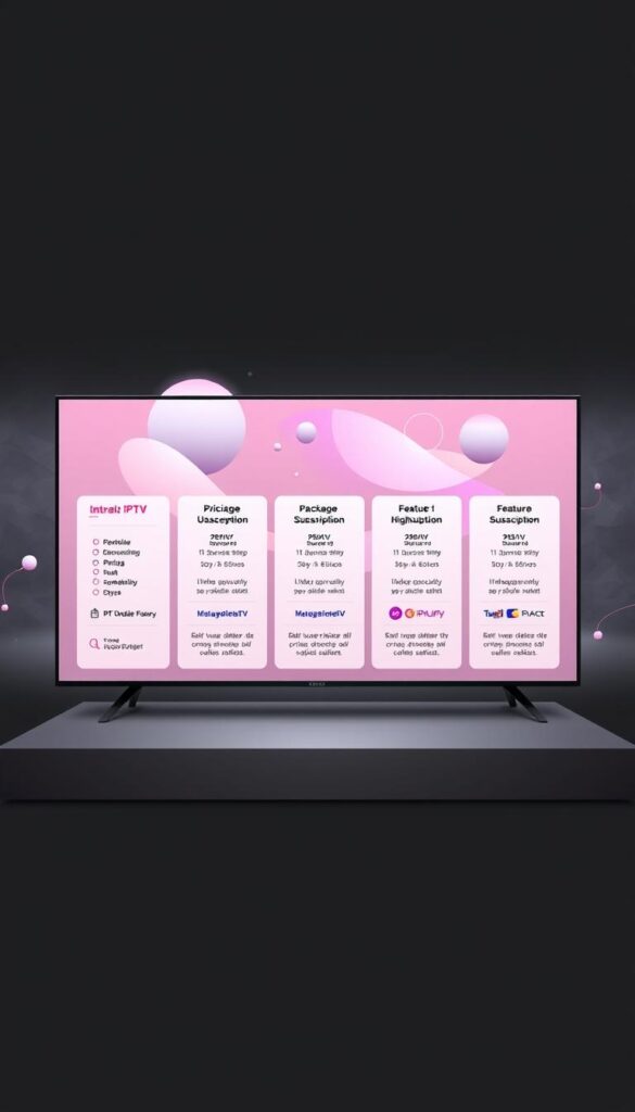 A striking digital illustration depicting various IPTV subscription models offered by IPTVANBIETERTV. The foreground showcases a sleek, minimalist display of different pricing tiers, package options, and feature highlights, using a clean, modern design aesthetic. The middle ground features abstract shapes and geometric patterns in a muted color palette, hinting at the technological infrastructure behind the IPTV service. The background is a subtly textured, almost holographic backdrop, creating a sense of depth and futuristic ambiance. The overall composition conveys a sense of professionalism, accessibility, and the comprehensive nature of the IPTV provider's offerings, making it an ideal visual accompaniment to the article's section on IPTV subscription models.