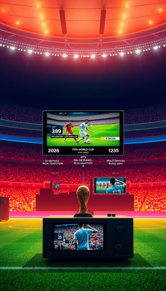 A striking digital illustration showcasing the advantages of IPTV over traditional television. In the foreground, a sleek, modern IPTVANBIETERTV interface displays a vivid, high-definition FIFA World Cup 2026 broadcast, with players in dynamic action. The middle ground features a comparison of IPTV's on-demand and multi-device capabilities, contrasted with the limitations of a bulky, old-fashioned TV set. The background depicts a vibrant, immersive stadium atmosphere, capturing the energy and excitement of the global football event. Warm, natural lighting and a cinematic, widescreen composition create a sense of depth and visual appeal. The overall scene conveys the superior viewing experience and versatility that IPTV can offer for the ultimate FIFA 2026 experience.