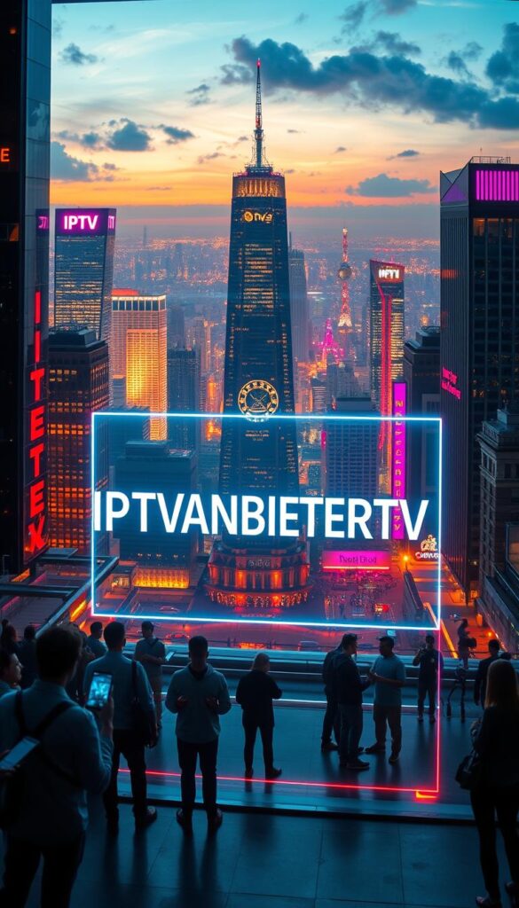 A striking futuristic cityscape illuminated by neon lights, with towering skyscrapers and a sleek, modern aesthetic. In the foreground, a holographic display projects the bold brand name "IPTVANBIETERTV", showcasing the latest innovations in IPTV technology. The middle ground features a group of people engrossed in their smart devices, representing the connected, tech-savvy audience. In the background, a panoramic view of the city reveals a glimpse of the IPTV Zukunft Trends, with cutting-edge streaming platforms, seamless integration with smart home devices, and immersive virtual experiences. The overall scene conveys a sense of excitement and progress, capturing the dynamic and evolving nature of the IPTV industry.