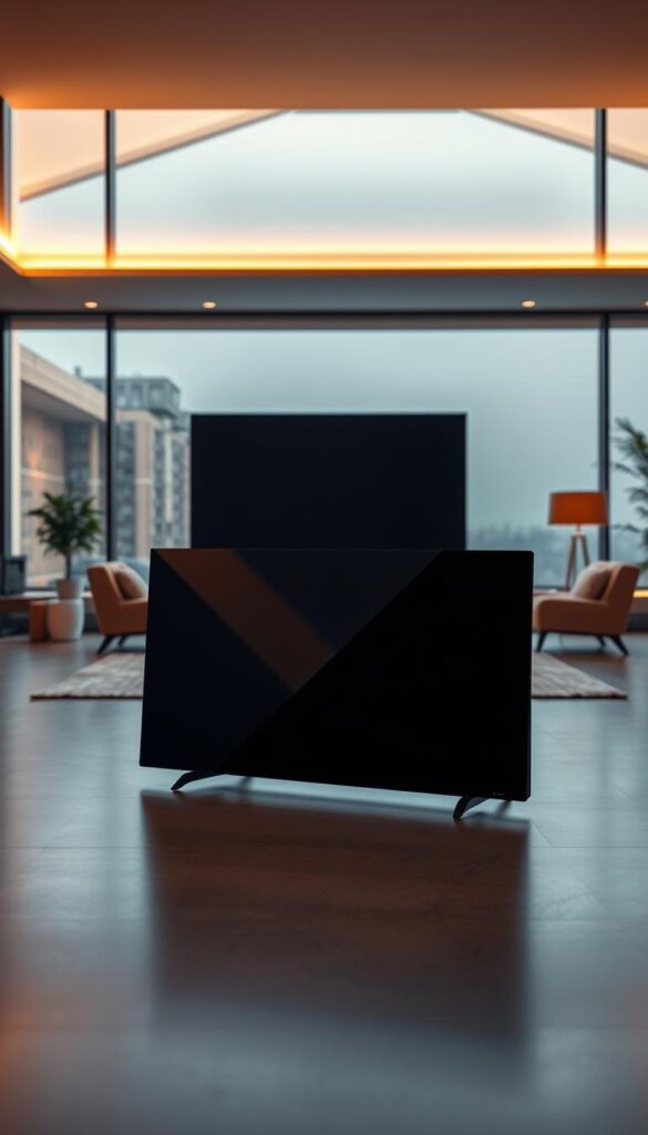 A striking, high-resolution image of the future of television: a sleek, modern IPTVANBIETERTV set against a backdrop of a living room scene. The device is rendered in vivid detail, its glossy black finish and angular design complemented by soft, warm lighting that creates a cozy, inviting atmosphere. In the foreground, the IPTVANBIETERTV is prominently displayed, with a clean, minimalist interface showcasing its advanced features. The middle ground depicts a comfortable, minimalist living room, with subtle hints of technology integration, such as a smart home assistant or streaming device, all bathed in a muted color palette that reinforces the sense of modernity and sophistication. The background features a large, panoramic window, allowing natural light to flood the scene and creating a seamless transition between the indoor and outdoor environments. The overall composition conveys a sense of technological innovation and the integration of IPTV into the modern, connected home.