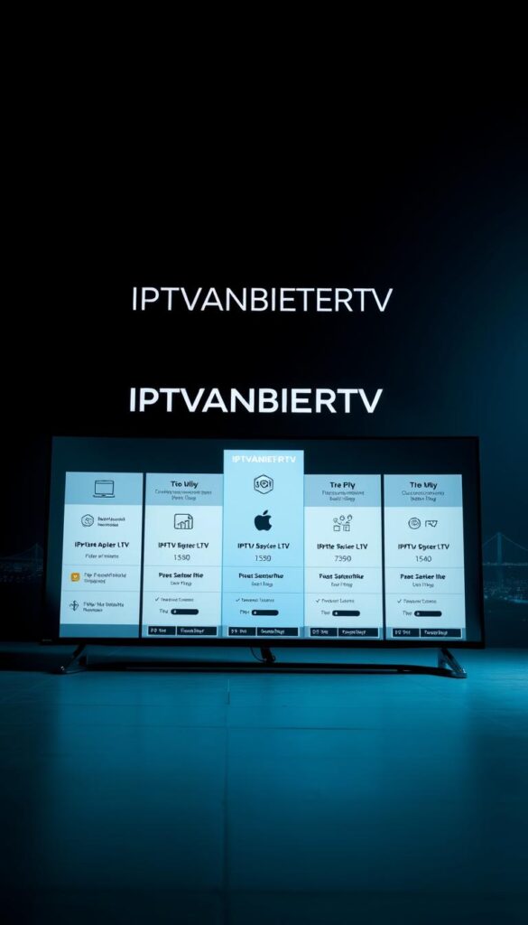 A striking image of transparent IPTV pricing options in Germany. Showcase a sleek, high-tech display with a minimalist layout highlighting the "IPTVANBIETERTV" brand name. In the foreground, present a series of tiered IPTV service plans, each with clear pricing details and feature breakdowns. The middle ground should depict stylized icons and infographics illustrating the services. In the background, include a subtle cityscape or landscape motif, conveying a sense of modern connectivity. Use cool, muted tones to create a professional, trustworthy atmosphere. Employ dramatic lighting and depth-of-field to draw the viewer's attention to the key pricing information.
