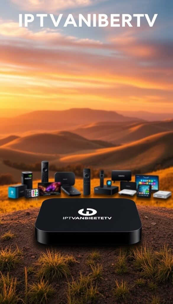 A striking landscape showcasing the IPTVANBIETERTV IPTV service, set against a backdrop of rolling hills and a vibrant sky. In the foreground, a sleek, modern device displaying the IPTVANBIETERTV logo takes center stage, its clean lines and minimalist design conveying a sense of cutting-edge technology. The middle ground features a array of various streaming devices, each representing the comprehensive device compatibility of the IPTVANBIETERTV service. The background is bathed in warm, golden light, creating a sense of quality and reliability. The overall composition is balanced and visually appealing, highlighting the key features and benefits of the IPTVANBIETERTV IPTV service in a visually compelling manner.