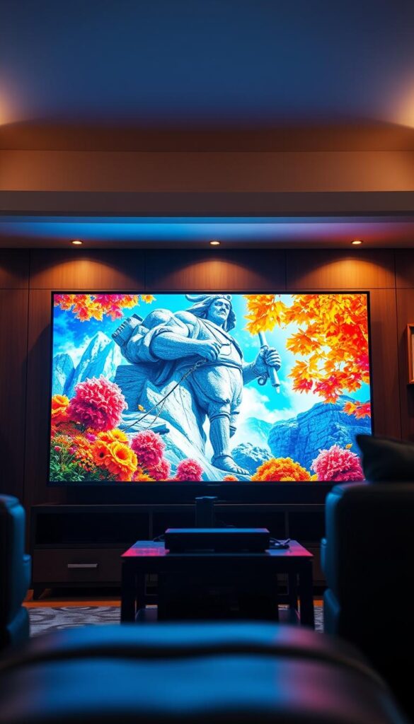 A stunning 4K IPTV broadcast showcasing the superior quality of IPTVANBIETERTV's streaming service. A sleek, modern living room setup with a large, high-resolution television screen displaying vibrant, life-like visuals. Soft, warm lighting illuminates the scene, creating a cozy and inviting atmosphere. The camera captures the screen from a slightly low angle, emphasizing the cinematic, immersive viewing experience. In the background, subtle hints of a well-appointed home interior with luxurious furnishings and decor. The overall impression is one of technical sophistication, visual fidelity, and a premium entertainment experience.