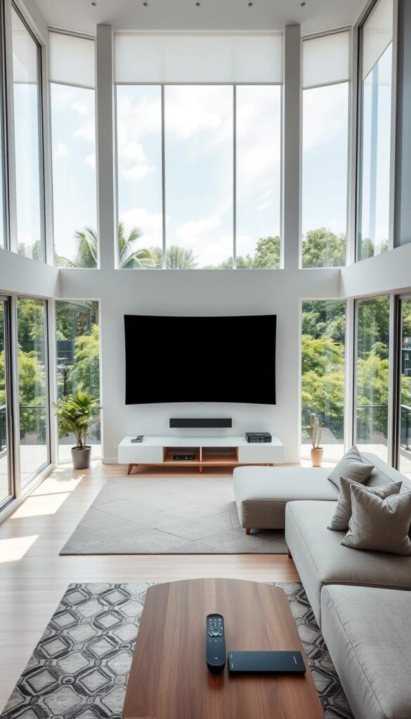 A stunning aerial view of a modern, minimalist living room with floor-to-ceiling windows, filled with natural light and showcasing a sleek, curved OLED television mounted on the wall. The room is adorned with a modern, geometric rug and a comfortable, minimalist sofa. The walls are painted in a soothing, neutral color palette, creating a calming, inviting atmosphere. In the foreground, a small coffee table with a remote control and a smart home device are visible, hinting at the advanced technology powering the IPTVANBIETERTV experience. The background features a glimpse of a lush, green outdoor landscape, blending the indoor and outdoor spaces seamlessly.