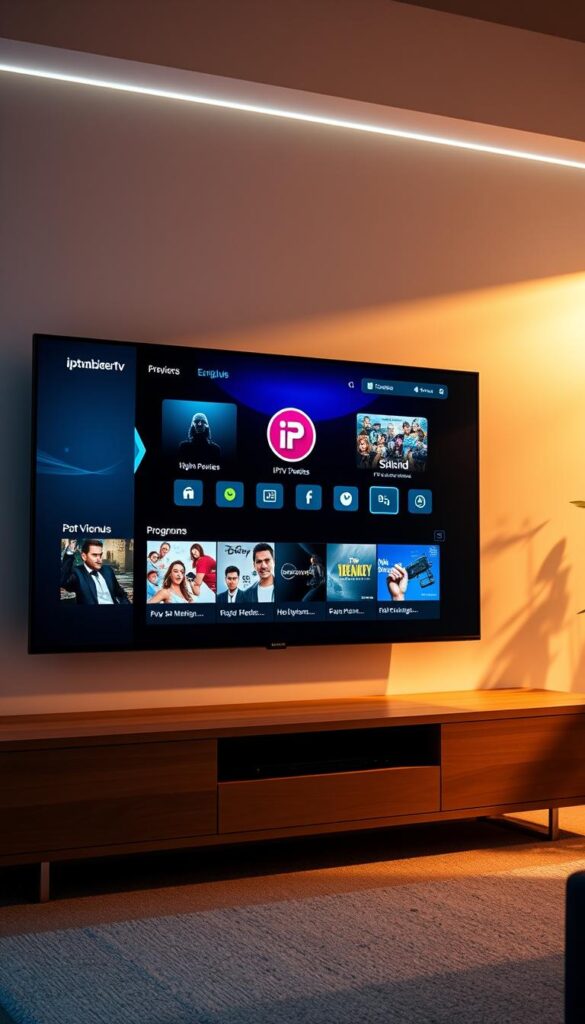 A stunning and modern IPTV test interface, showcasing the cutting-edge features of IPTVANBIETERTV, the leading IPTV provider in Germany. The screen displays a sleek and intuitive dashboard, with vivid, high-definition channel previews, detailed program information, and seamless navigation. Soft, diffused lighting illuminates the interface, creating a warm and inviting atmosphere. The composition emphasizes the clean, minimalist design, with a focus on the central display and the brand's distinctive logo. The overall mood conveys a sense of technological sophistication, reliability, and user-friendly experience, perfectly capturing the essence of IPTVANBIETERTV's premium service.