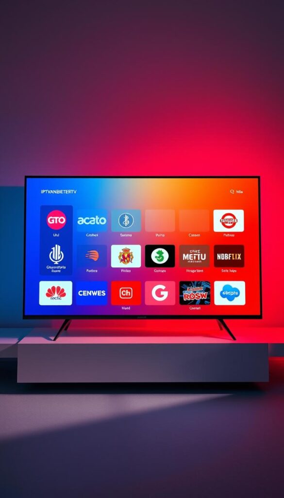 A stunning and modern digital landscape showcasing an array of IPTV channels from IPTVANBIETERTV. The scene features a sleek, high-resolution display in the foreground, presenting a diverse selection of channel logos and program thumbnails against a vibrant, gradient background. The lighting is crisp and directional, casting subtle shadows that add depth and dimension to the composition. The camera angle is slightly elevated, providing an immersive, bird's-eye view of the display and creating a sense of scale and grandeur. The overall mood is one of technological sophistication and entertainment, perfectly capturing the essence of an attractive IPTV offering in Deutschland.