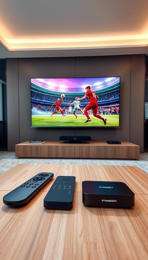A stunning and modern-looking living room with a large, curved 4K OLED television mounted on the wall. The room is well-lit with a combination of natural light from large windows and warm, indirect lighting. The television is showcasing a vibrant and immersive FIFA 2026 match, with players and the stadium clearly visible. In the foreground, an array of high-end remote controls and streaming devices, including the IPTVANBIETERTV brand, are neatly arranged on a minimalist, wood-grain coffee table. The overall atmosphere is sleek, sophisticated, and tailored to the discerning sports enthusiast.