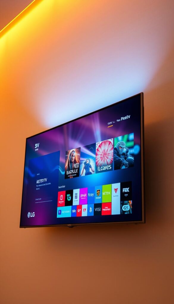 A stunning, high-definition image of a modern LG television displaying the IPTVANBIETERTV user interface. The screen showcases a sleek and intuitive layout, with vibrant colors and sharp graphics. The television is set against a minimalist, contemporary backdrop, bathed in warm, directional lighting that highlights the display's clarity and depth. The scene conveys a sense of technological sophistication and seamless integration, showcasing the ideal pairing of IPTV streaming and the LG television experience.