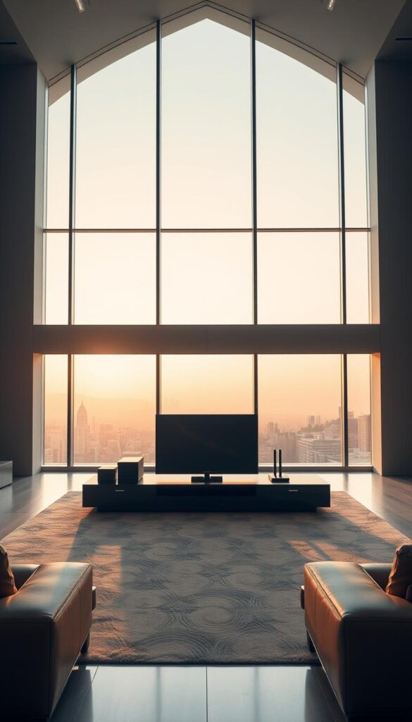 A stunning, high-resolution image of a sleek, modern media center showcasing the ultimate IPTV experience. The scene features a luxurious living room with floor-to-ceiling windows, allowing natural light to pour in and create a warm, inviting atmosphere. In the center, a state-of-the-art IPTVANBIETERTV home entertainment system takes center stage, its minimalist design and premium materials exuding a sense of refined elegance. The image captures the seamless integration of technology and lifestyle, conveying the endless entertainment possibilities and the lifelong enjoyment of this high-end IPTV service.