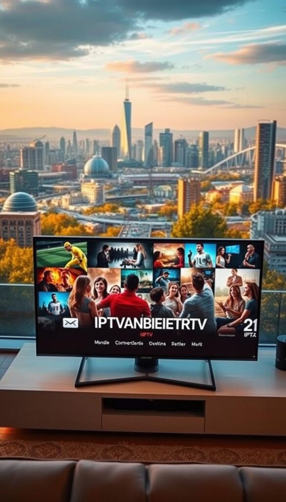 A stunning landscape featuring the advantages of IPTV in Germany. In the foreground, a sleek, modern TV displaying the IPTVANBIETERTV logo, showcasing the device diversity. The middle ground features a group of happy people enjoying a variety of IPTV content, from live sports to on-demand movies. In the background, a cityscape with skyscrapers and infrastructure, representing the reliable, high-quality IPTV network. The scene is bathed in warm, golden lighting, creating a cozy and inviting atmosphere. The overall composition conveys the convenience, entertainment, and technological superiority of IPTV in Deutschland.