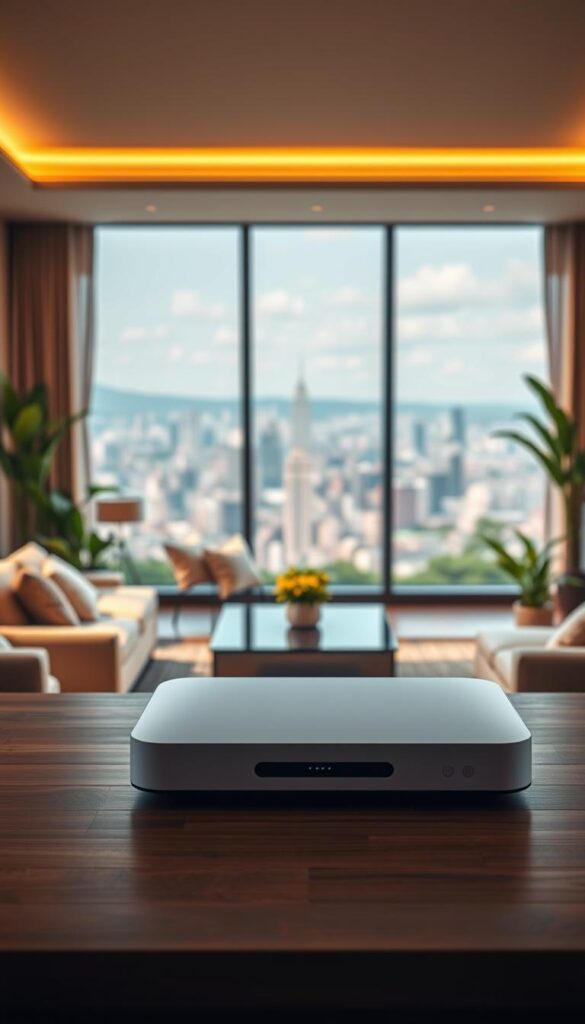 A stunning landscape with a modern IPTVANBIETERTV set-up in the foreground, showcasing the latest IPTV technology. The scene is bathed in warm, natural lighting, casting a soft glow over the sleek, minimalist design of the device. In the middle ground, a cozy living room with plush seating and lush, verdant plants creates a sense of comfort and relaxation. The background depicts a panoramic view of a vibrant city skyline, hinting at the vast array of content and entertainment options available through IPTV. The overall atmosphere conveys the seamless integration of technology and lifestyle, highlighting the advantages of IPTV over traditional TV services.