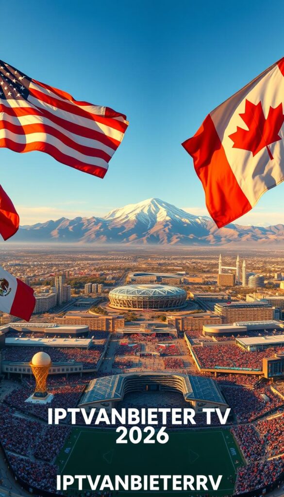 A sweeping panorama of the host nations for the 2026 FIFA World Cup, captured in a bold, cinematic style. In the foreground, the iconic flags of the United States, Canada, and Mexico flutter proudly, their vibrant colors illuminated by warm, golden-hour lighting. The middle ground features sprawling cityscapes, modern stadiums, and bustling crowds of enthusiastic fans, all rendered with meticulous detail. In the background, a majestic mountain range rises, its snow-capped peaks touching the vast, azure sky. The overall composition conveys a sense of grand scale, historic significance, and the unifying power of the beautiful game. The text "IPTVANBIETERTV" is subtly integrated into the scene, seamlessly blending with the dynamic atmosphere.