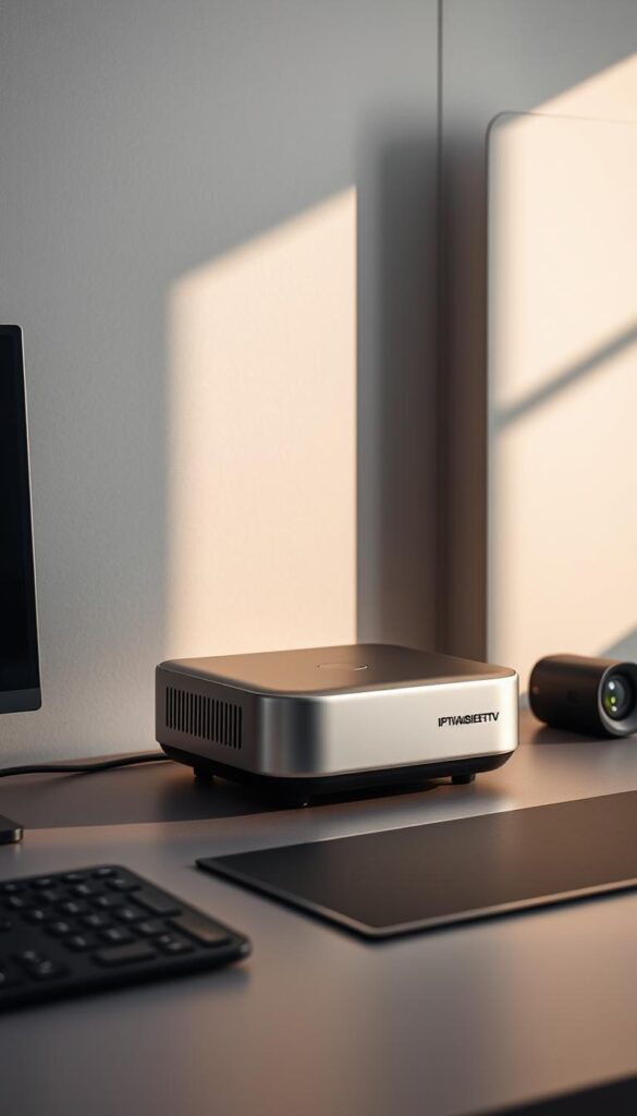 A technologically advanced IPTVANBIETERTV device sits prominently on a minimalist desk, surrounded by a sleek, modern setup. The device's smooth, metallic exterior gleams under soft, directional lighting, casting subtle shadows that accentuate its clean lines and elegant design. In the background, a simplistic, neutral-toned wall provides a harmonious backdrop, allowing the IPTVANBIETERTV device to be the focal point of the scene. The overall atmosphere is one of sophistication, efficiency, and the seamless integration of technology into a professional, high-end work environment.