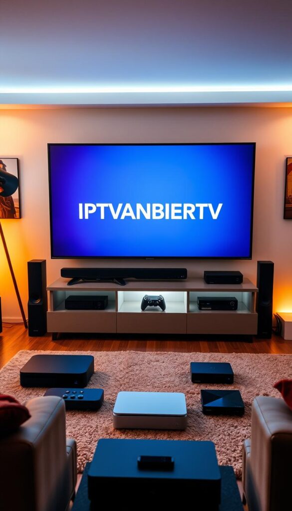 A technologically advanced living room with a large, high-definition television screen at the center. The screen displays the brand name "IPTVANBIETERTV" in a sleek, modern font. Surrounding the television are various compatible devices such as smart speakers, gaming consoles, and streaming boxes, all connected seamlessly. The room is bathed in warm, ambient lighting, creating a cozy and inviting atmosphere. The overall scene conveys a sense of flexibility, connectivity, and the ability to access a wide range of content on multiple devices, reflecting the "Gerätekompatibilität" (device compatibility) theme. A technologically advanced living room with a large, high-definition television screen at the center. The screen displays the brand name "IPTVANBIETERTV" in a sleek, modern font. Surrounding the television are various compatible devices such as smart speakers, gaming consoles, and streaming boxes, all connected seamlessly. The room is bathed in warm, ambient lighting, creating a cozy and inviting atmosphere. The overall scene conveys a sense of flexibility, connectivity, and the ability to access a wide range of content on multiple devices, reflecting the "Gerätekompatibilität" (device compatibility) theme.