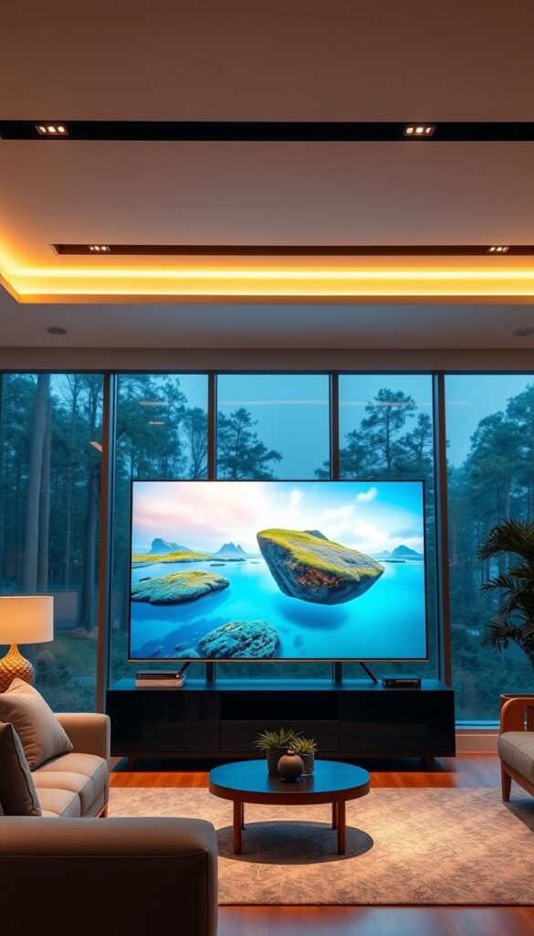 A technologically advanced living room with a sleek IPTVANBIETERTV 4K display taking center stage. The screen showcases vibrant, high-definition footage of a nature documentary, immersing the viewer in a captivating cinematic experience. Indirect lighting fixtures bathe the space in a warm, cozy ambiance, complementing the modern furniture and minimalist decor. Large windows allow natural light to flood the room, creating a sense of openness and clarity. The overall atmosphere radiates a harmonious blend of sophisticated technology and inviting comfort, perfectly capturing the superior streaming quality and enjoyment of IPTVANBIETERTV.